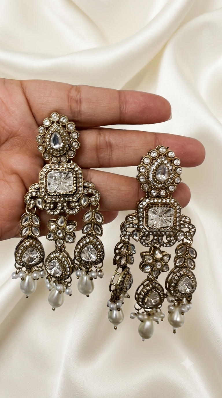 Kundan Floral Polki Jhumka Earrings with Pearl Drops