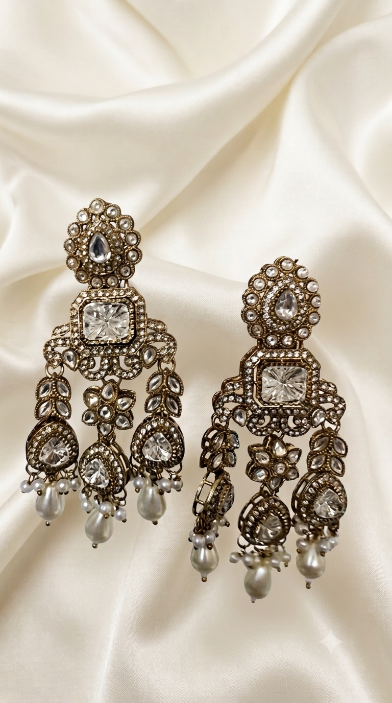 Kundan Floral Polki Jhumka Earrings with Pearl Drops