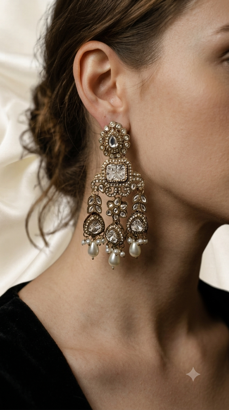Kundan Floral Polki Jhumka Earrings with Pearl Drops