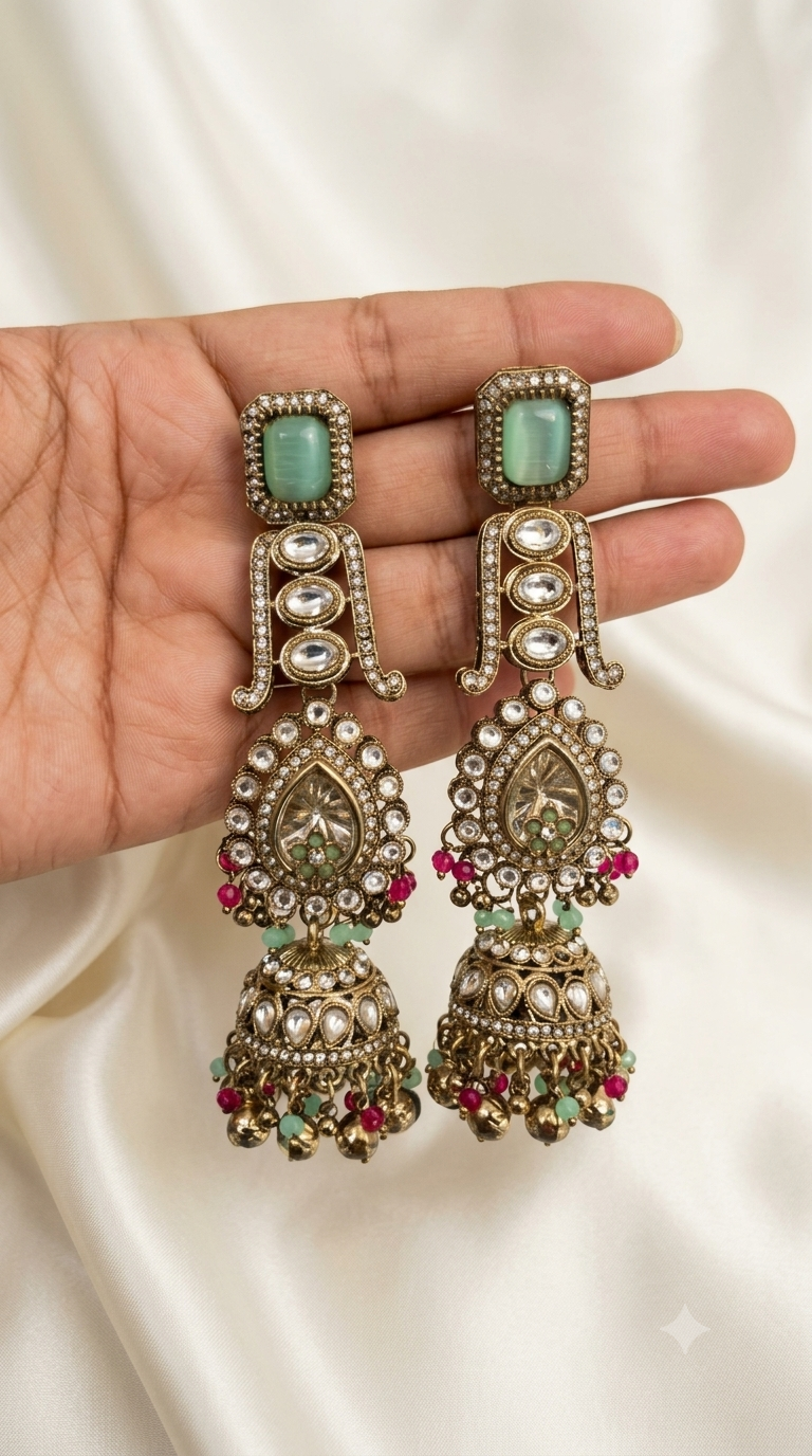 Mint Green Kundan Jhumka Earrings with Beaded Drops