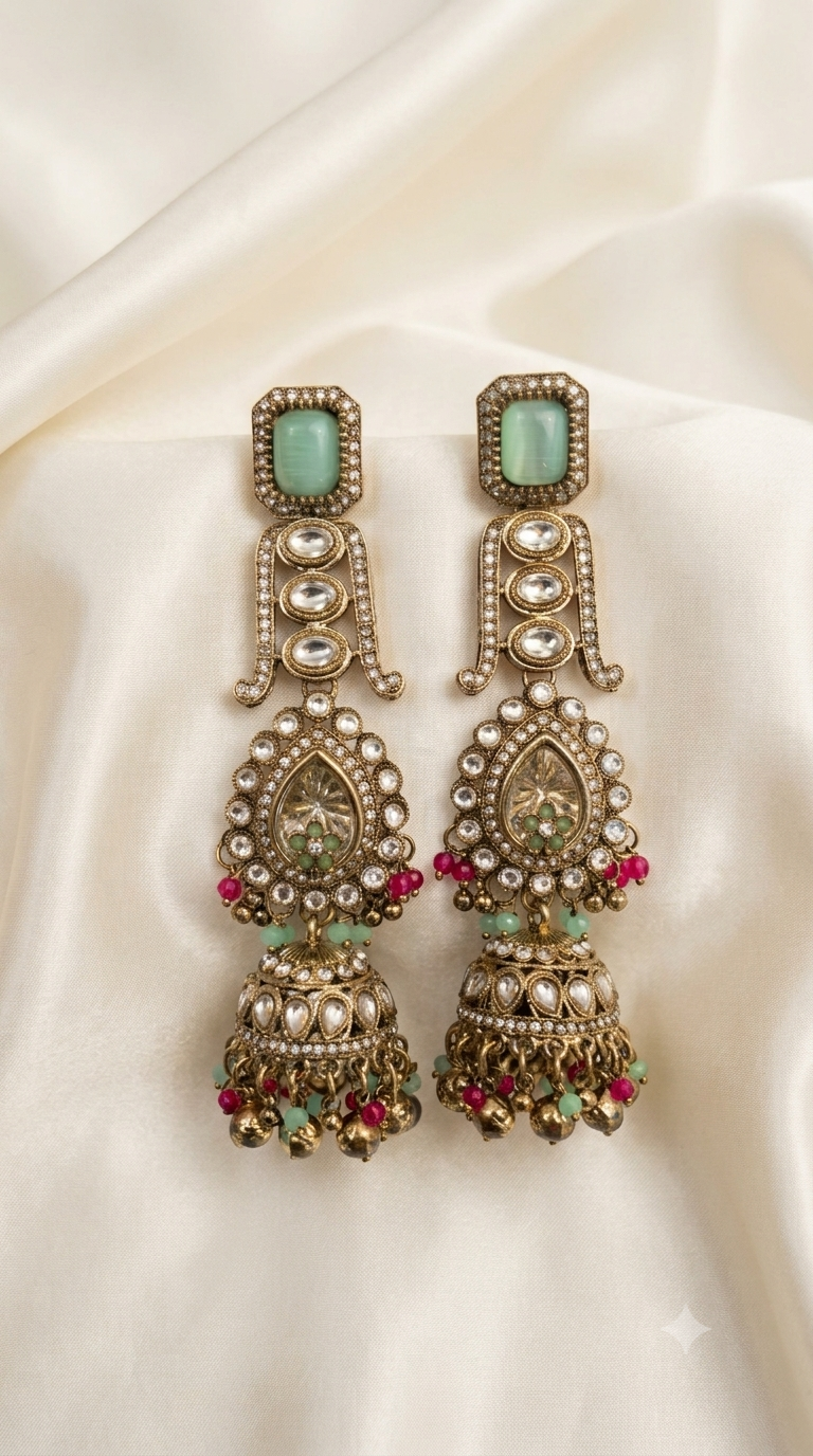 Mint Green Kundan Jhumka Earrings with Beaded Drops