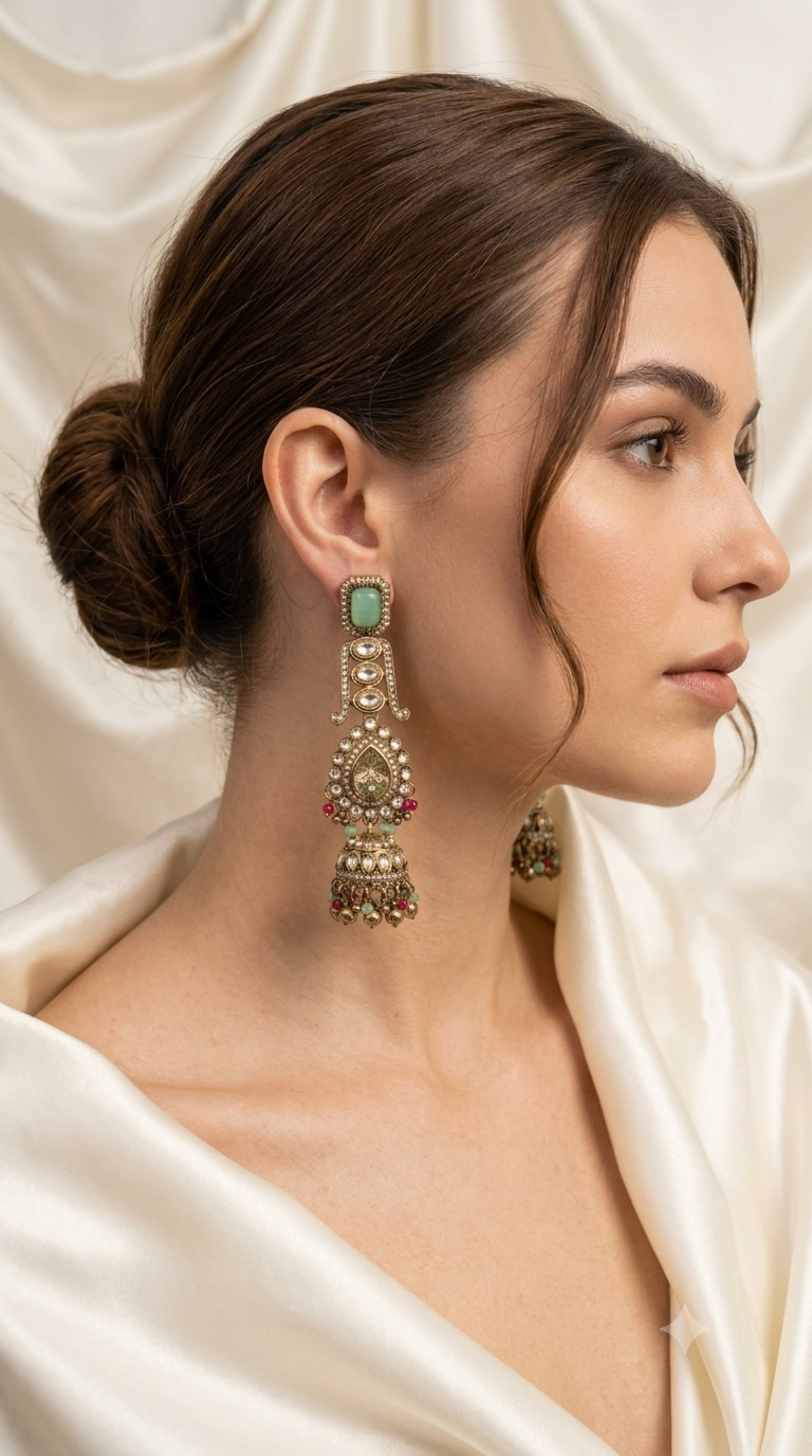 Mint Green Kundan Jhumka Earrings with Beaded Drops