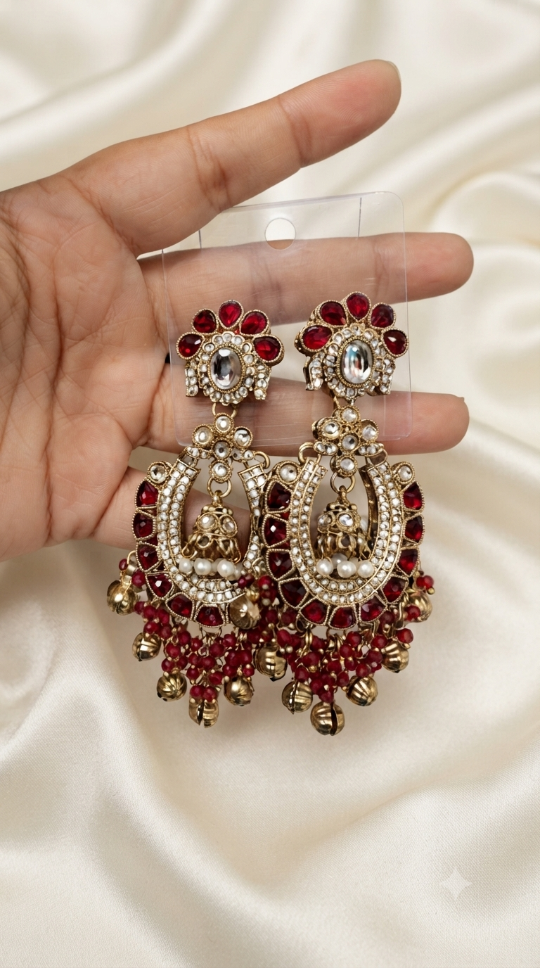 Ruby Red Kundan Floral Chandbali Jhumka with Bead Tassels