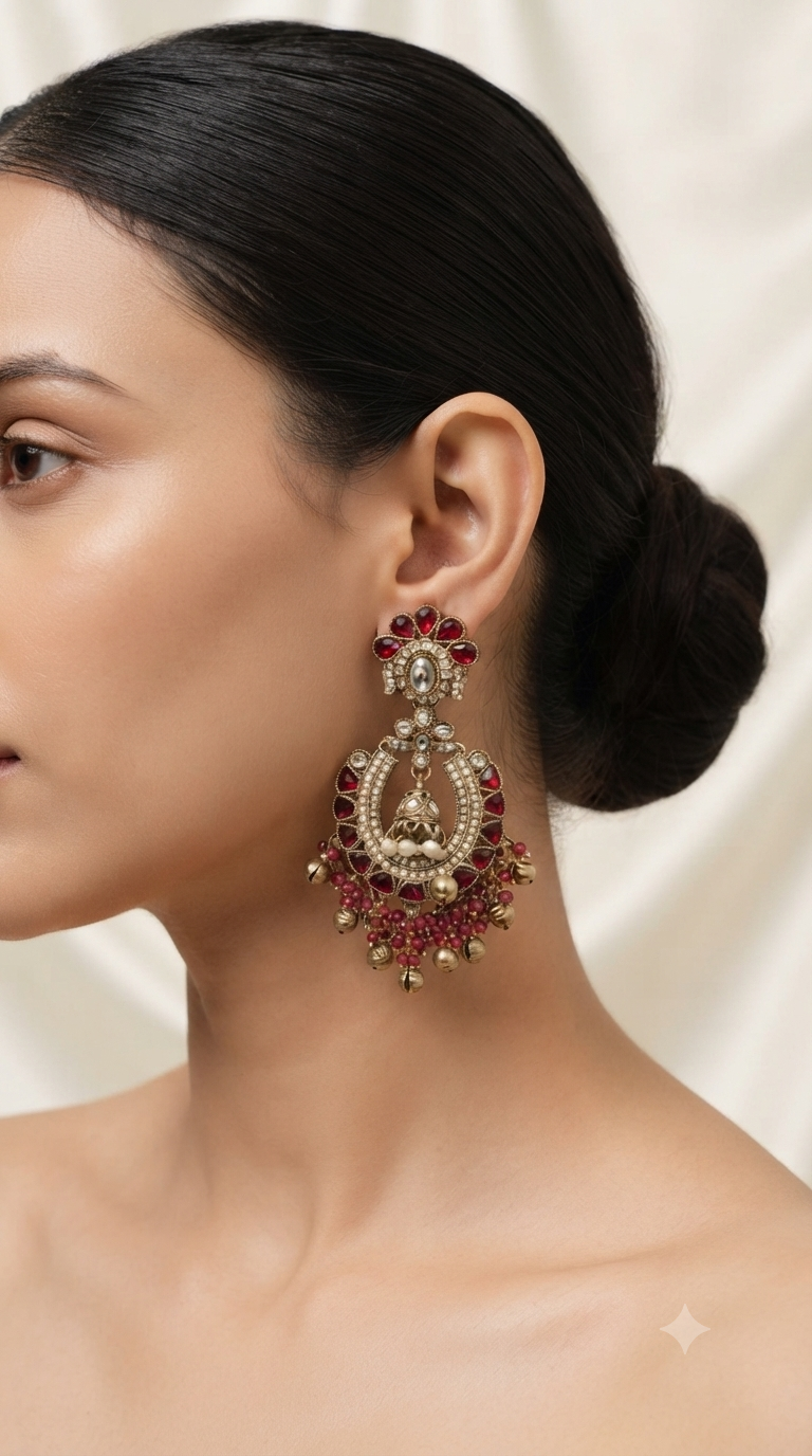 Ruby Red Kundan Floral Chandbali Jhumka with Bead Tassels