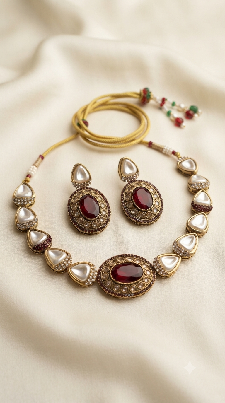 Turkish Style Baroque Pearl Necklace Set with Ruby Drop Earrings
