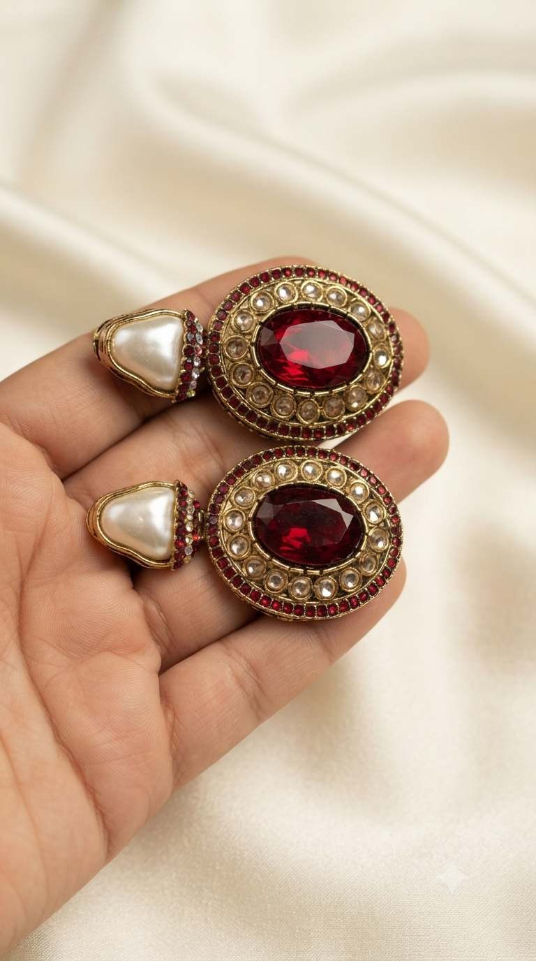 Turkish Style Baroque Pearl Necklace Set with Ruby Drop Earrings