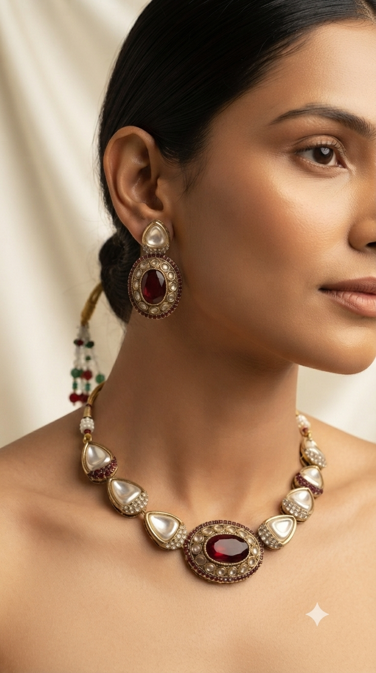 Turkish Style Baroque Pearl Necklace Set with Ruby Drop Earrings