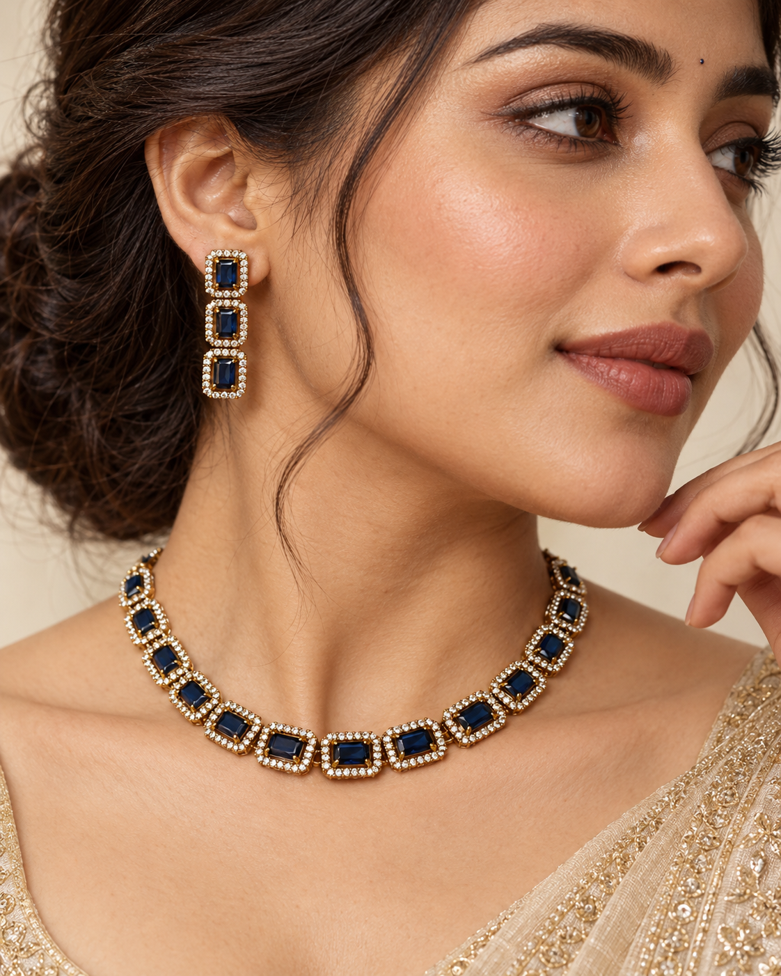 Midnight Blue Halo Necklace & Drop Earrings Set
