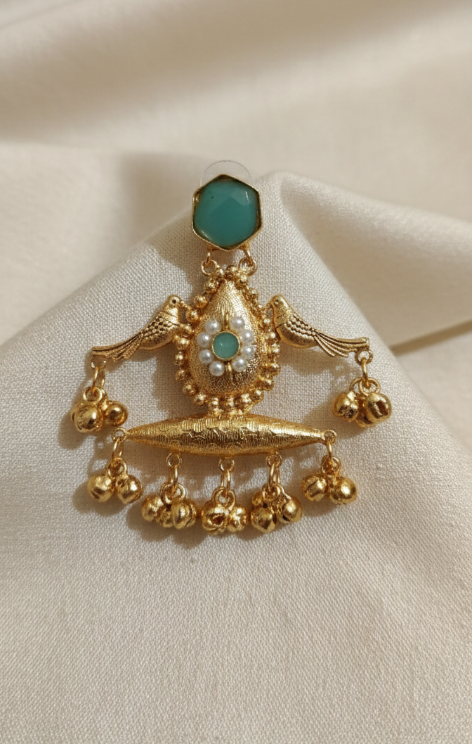 Green Stone Kashmiri Earrings | Traditional Gold Plated Chandelier Earrings for Women