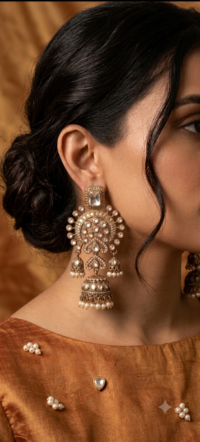 Kundan Polki Double Jhumka Earrings with Pearl Drops