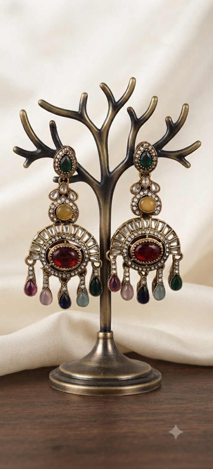 Multicolor Kundan Chandbali Earrings with Navratna Stone Drops