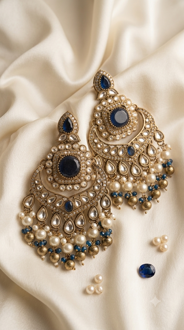 Navy Blue Kundan Chandbali Earrings with Pearl Tassels