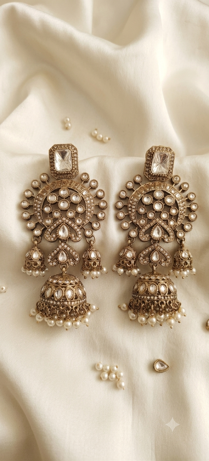 Kundan Polki Double Jhumka Earrings with Pearl Drops