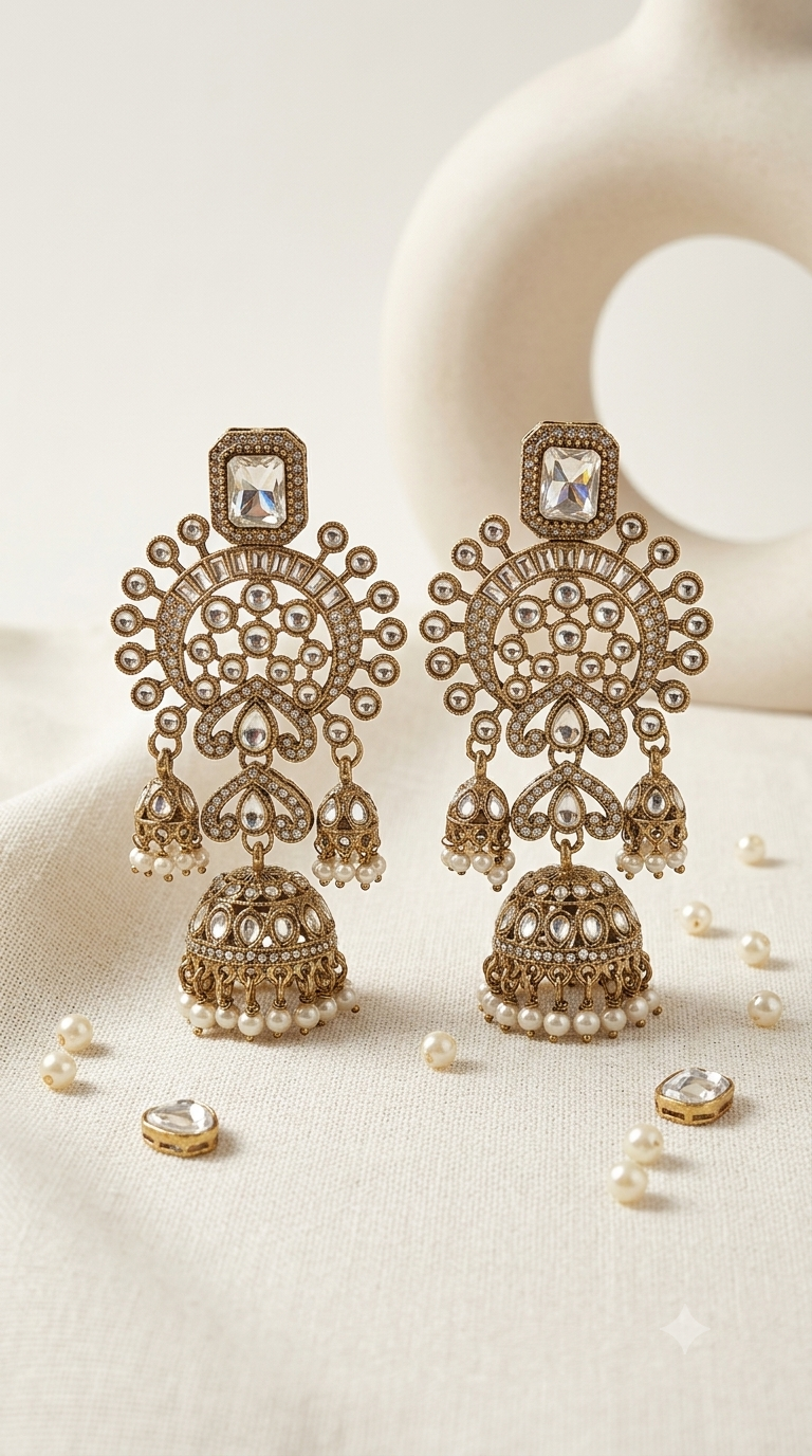 Kundan Polki Double Jhumka Earrings with Pearl Drops