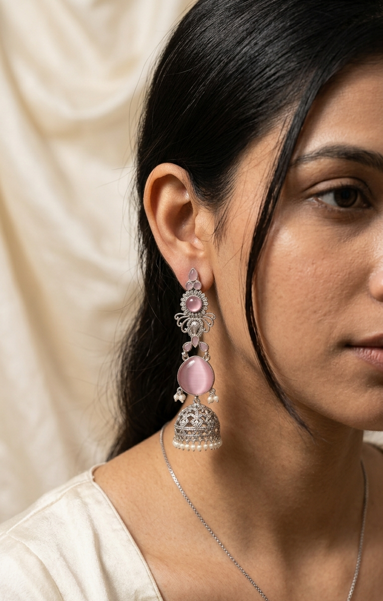 Close-up of a woman wearing pink earrings with a neutral background