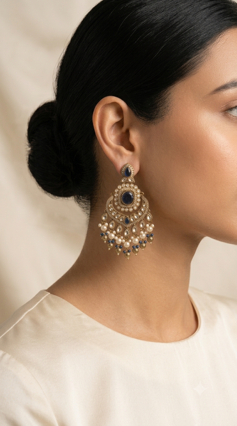Navy Blue Kundan Chandbali Earrings with Pearl Tassels