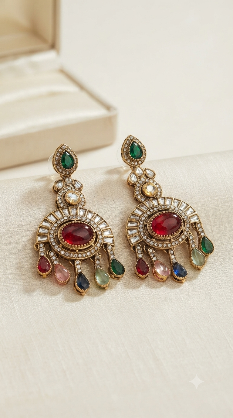 Multicolor Kundan Chandbali Earrings with Navratna Stone Drops