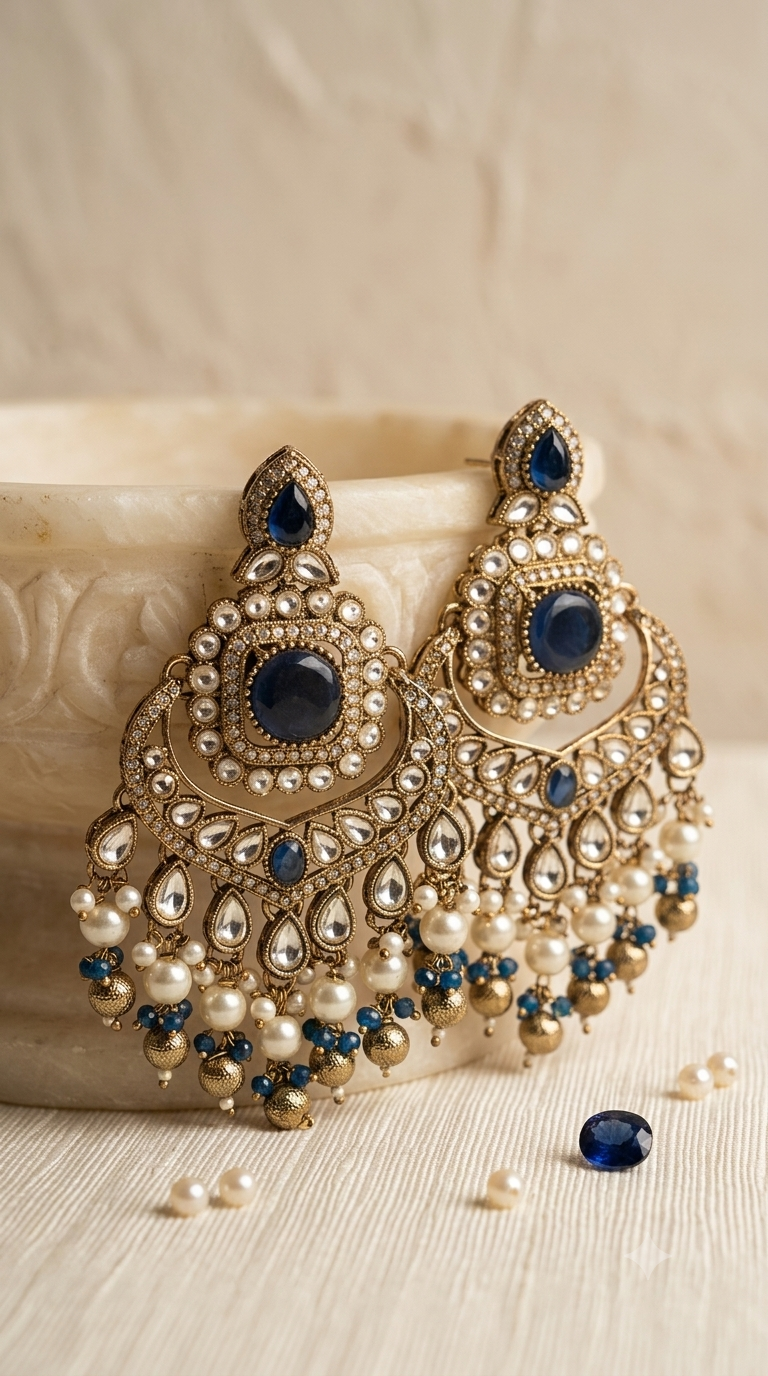 Navy Blue Kundan Chandbali Earrings with Pearl Tassels