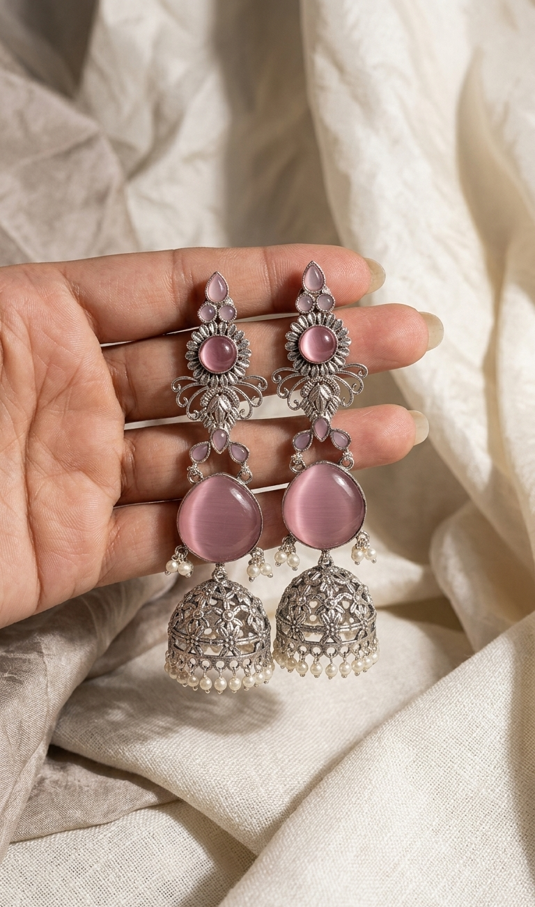 Pink and silver earrings held in a hand against a beige fabric background