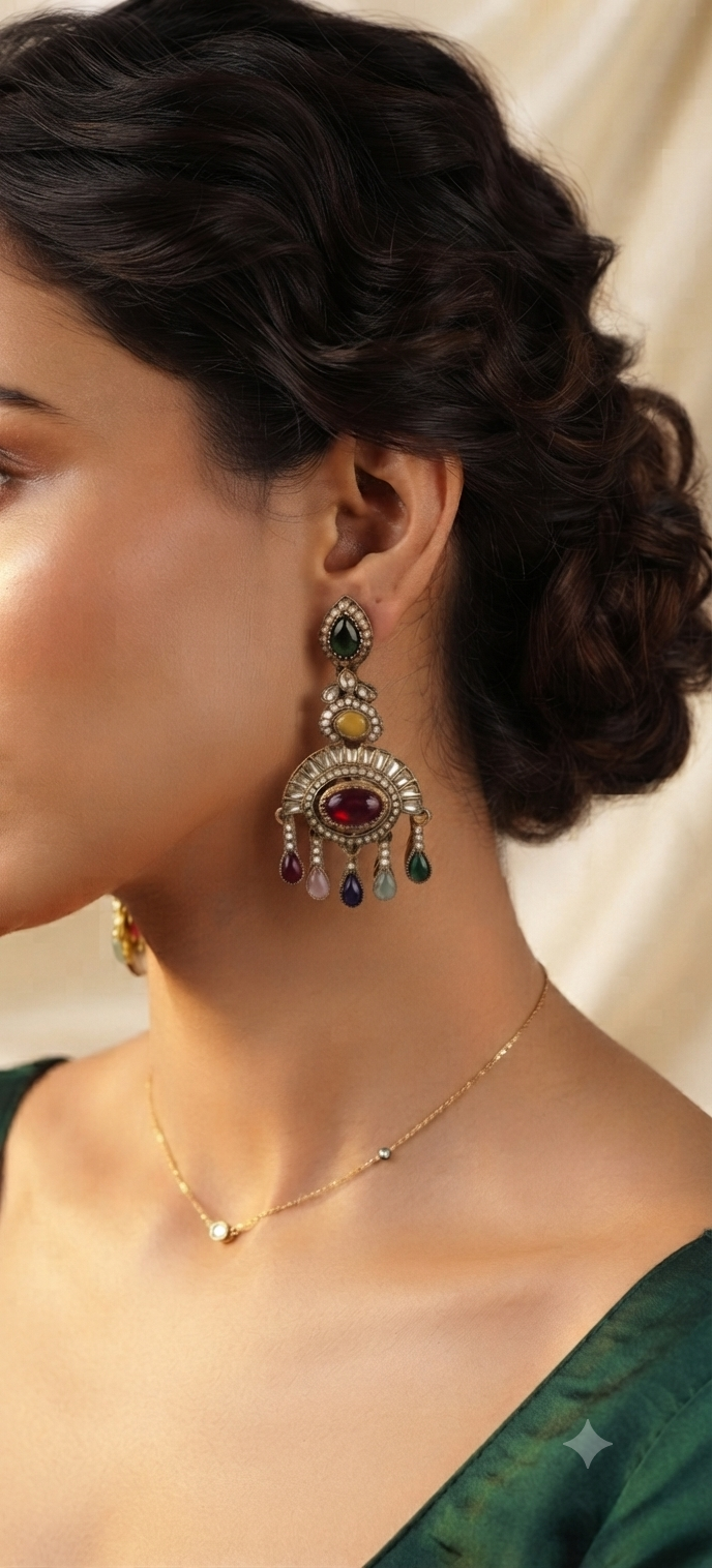 Multicolor Kundan Chandbali Earrings with Navratna Stone Drops