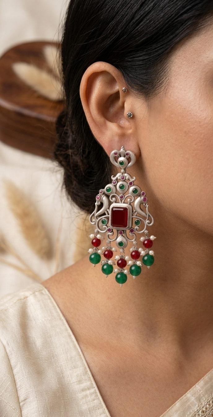Close-up of a woman wearing a silver earring with red and green gemstones.