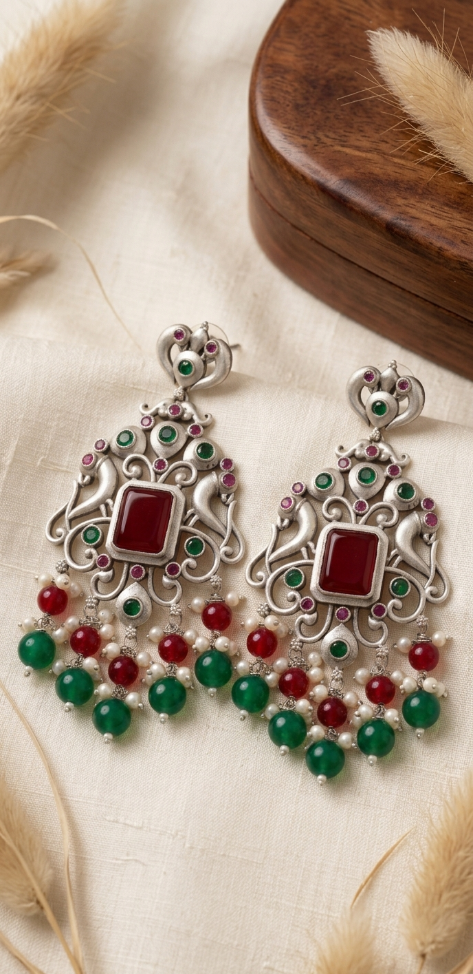 Ornate earrings with red and green gemstones on a neutral background