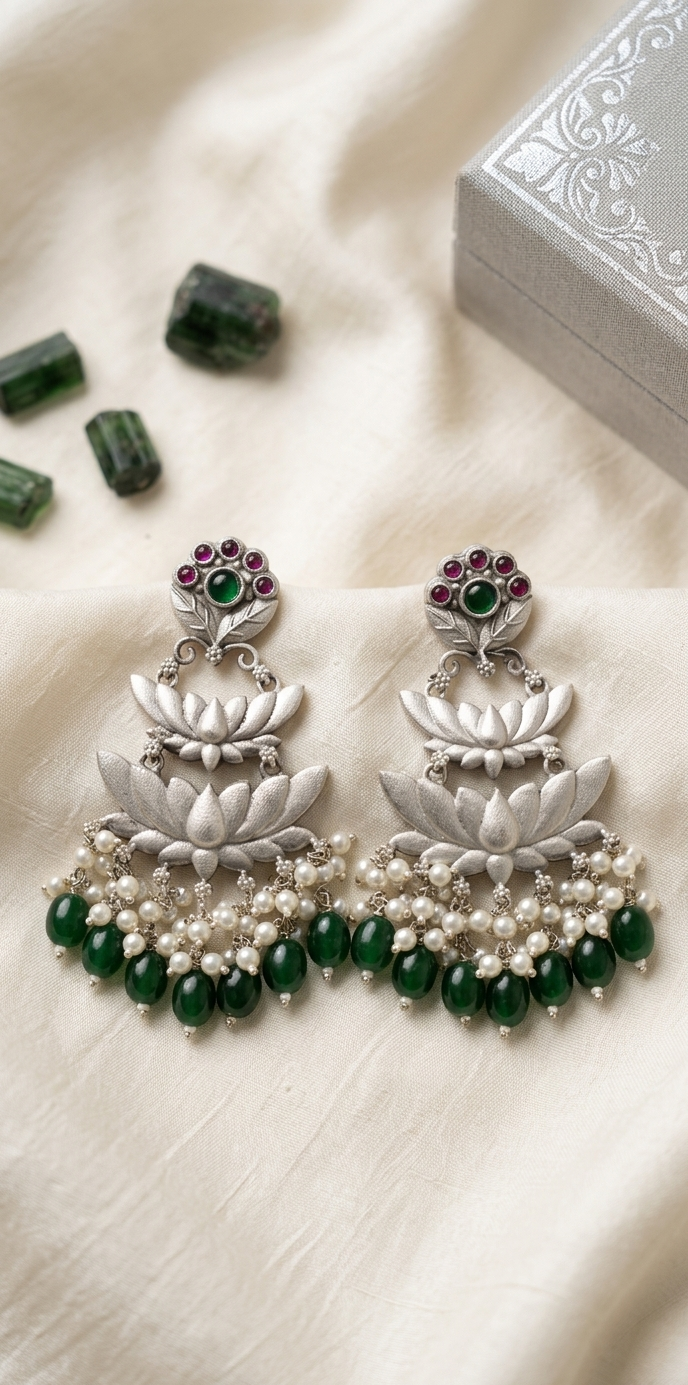 Silver earrings with green and pearl beads on a white fabric background