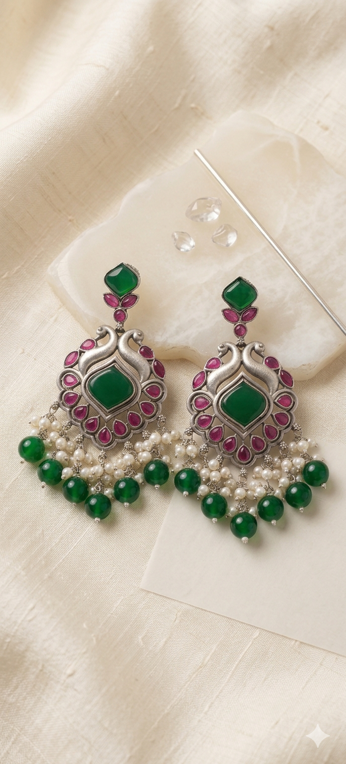 Emerald Peacock Chandbali | Silver Plated Earrings