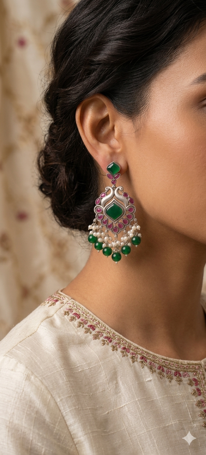 Emerald Peacock Chandbali | Silver Plated Earrings