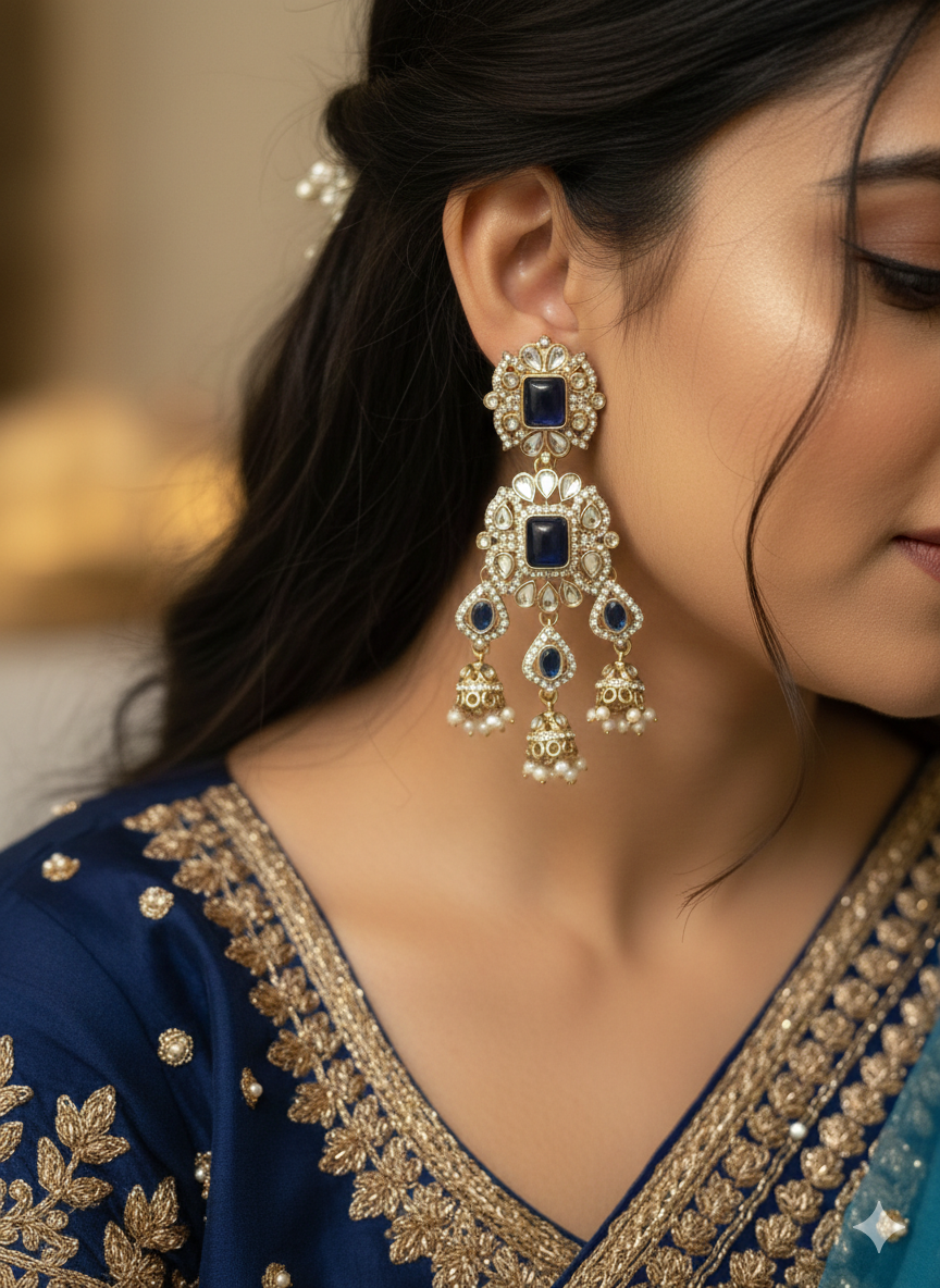 Chandelier Drops with Blue Stones | Gold Plated Artificial Earrings for Women