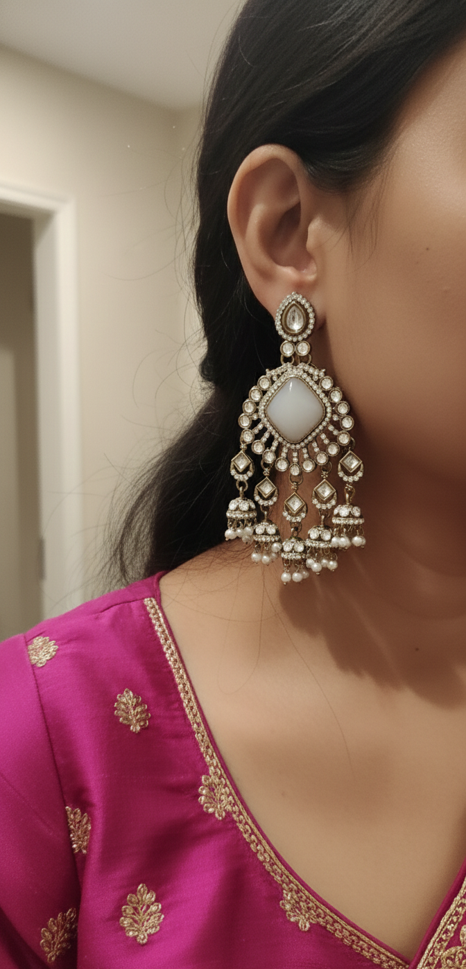Woman wearing a pink saree with gold patterns and large ornate earrings.
