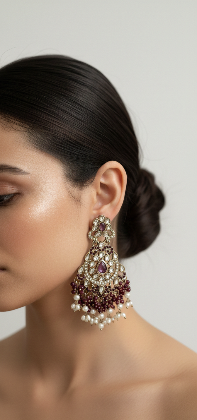 Close-up of a woman wearing an ornate earring with pearls and gemstones on a neutral background