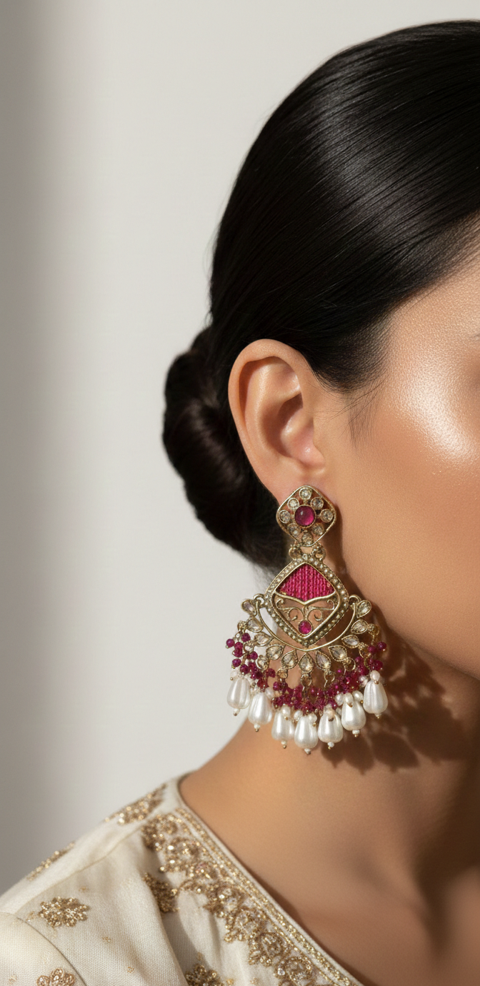 Close-up of a woman wearing a traditional earring with a blurred background