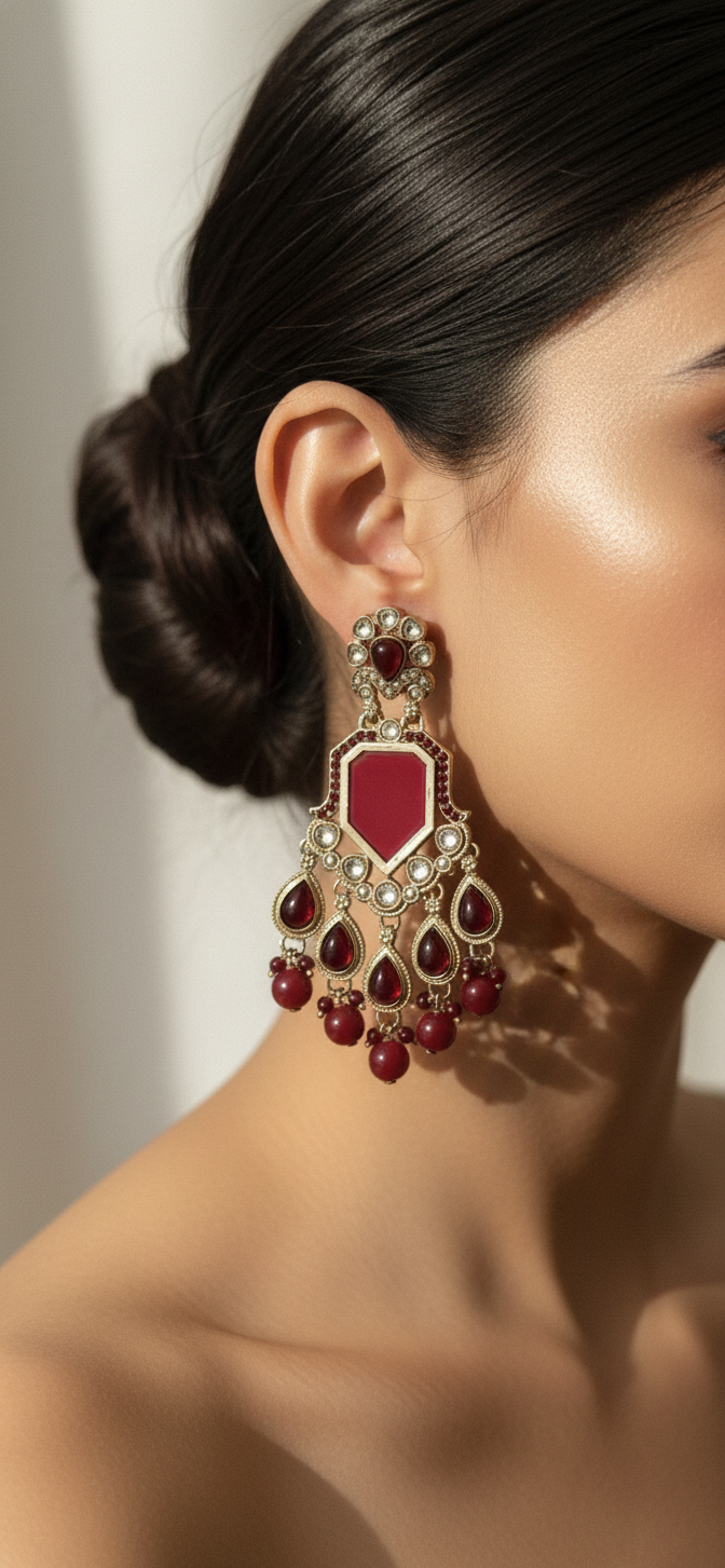 Close-up of a woman wearing a pair of ornate earrings with red gemstones.