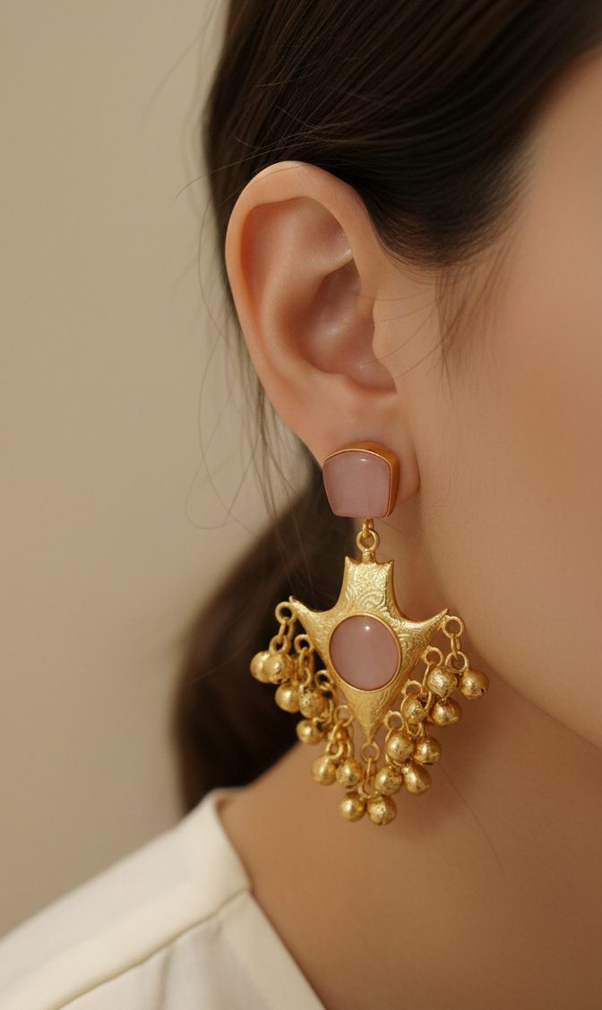 Gulab Kundal Kashmiri Earring | Pink Stone Gold Plated Earrings for Women