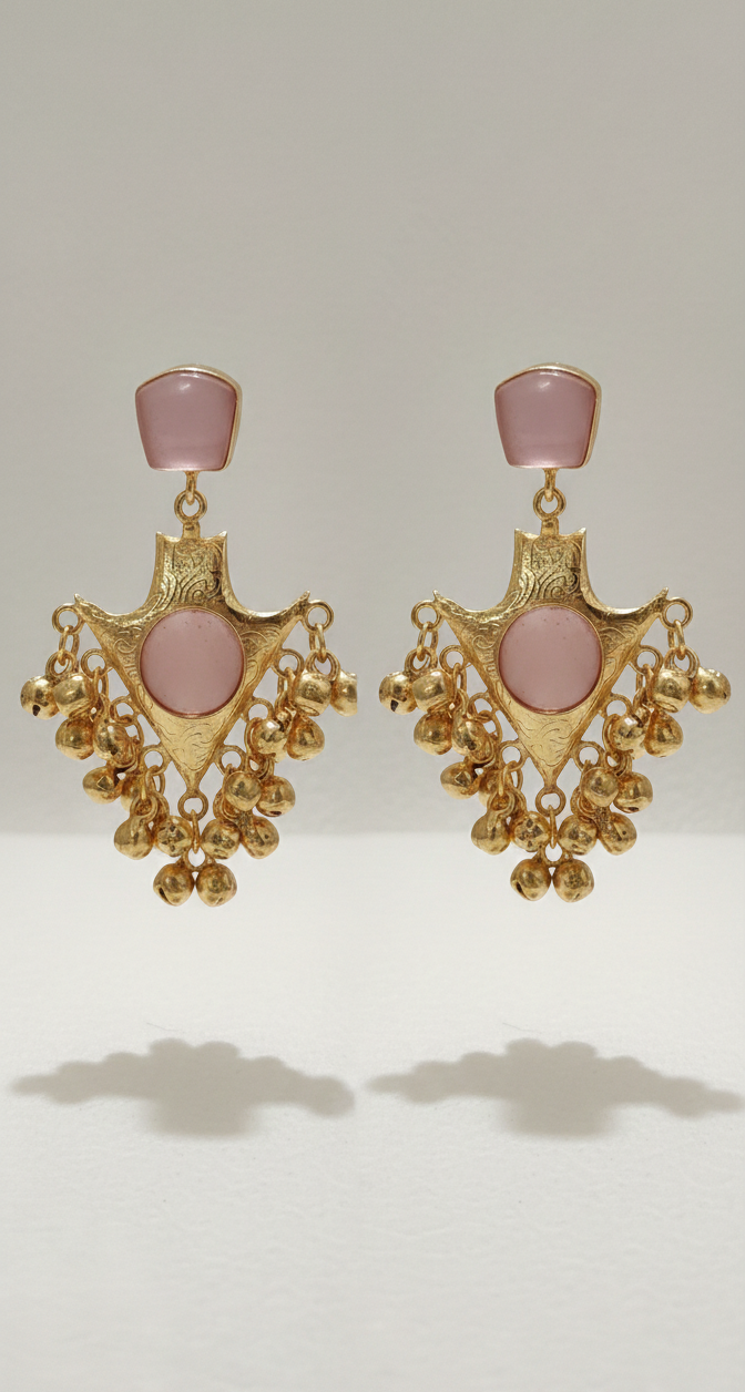 Gulab Kundal Kashmiri Earring | Pink Stone Gold Plated Earrings for Women