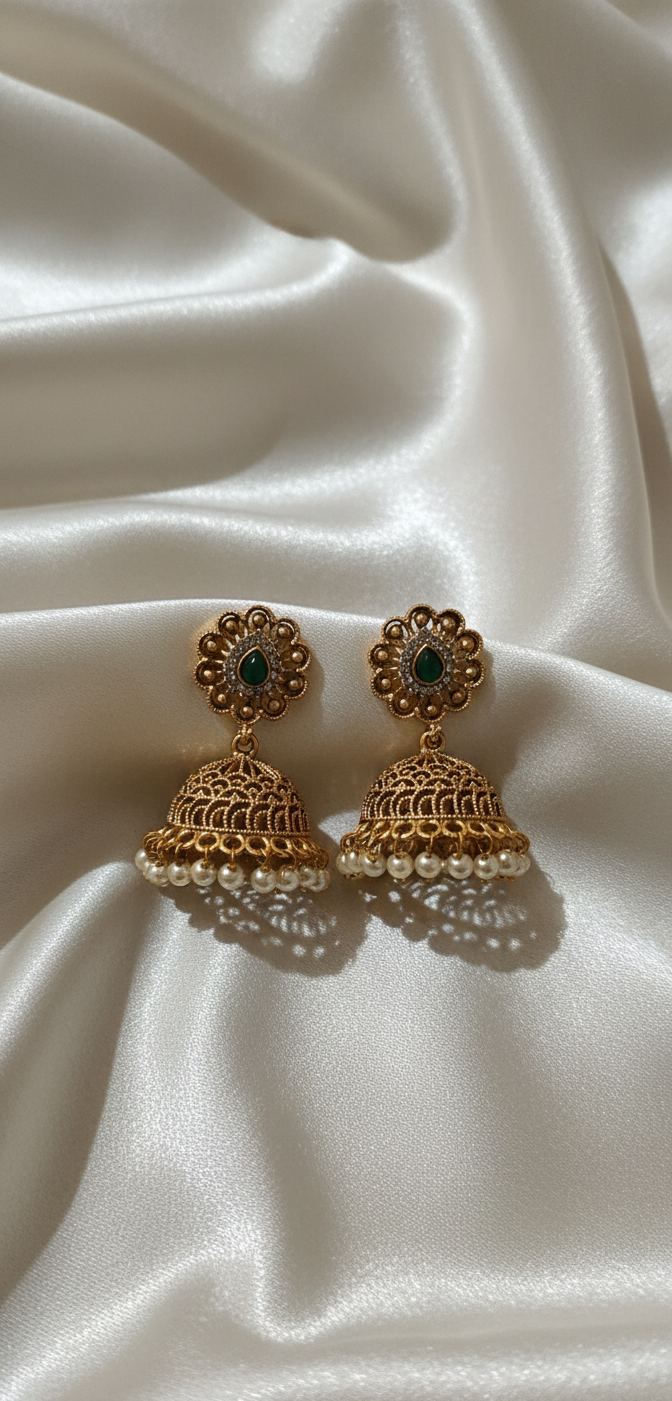 Gold earrings with green gemstones on a white satin background