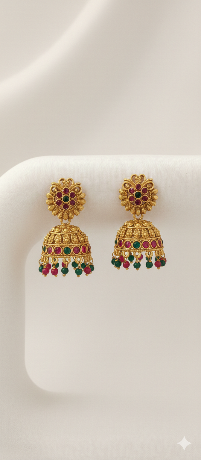 Kemp Stone Jhumkas | Traditional Copper Gold Plated Jhumka Earrings for Women