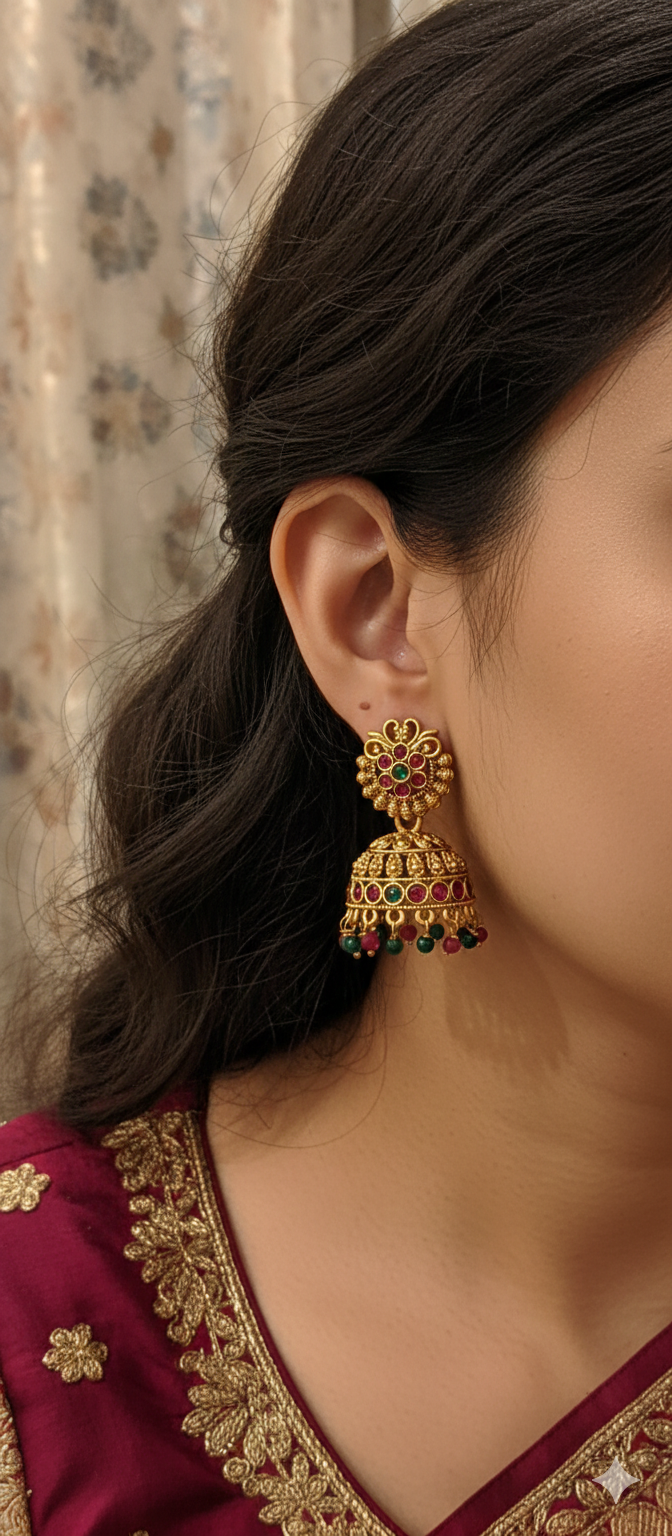 Kemp Stone Jhumkas | Traditional Copper Gold Plated Jhumka Earrings for Women