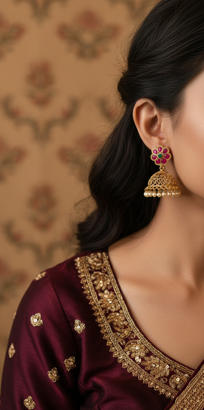 Kempu Copper Jhumki | Traditional Red Stone Jhumka Earrings for Women