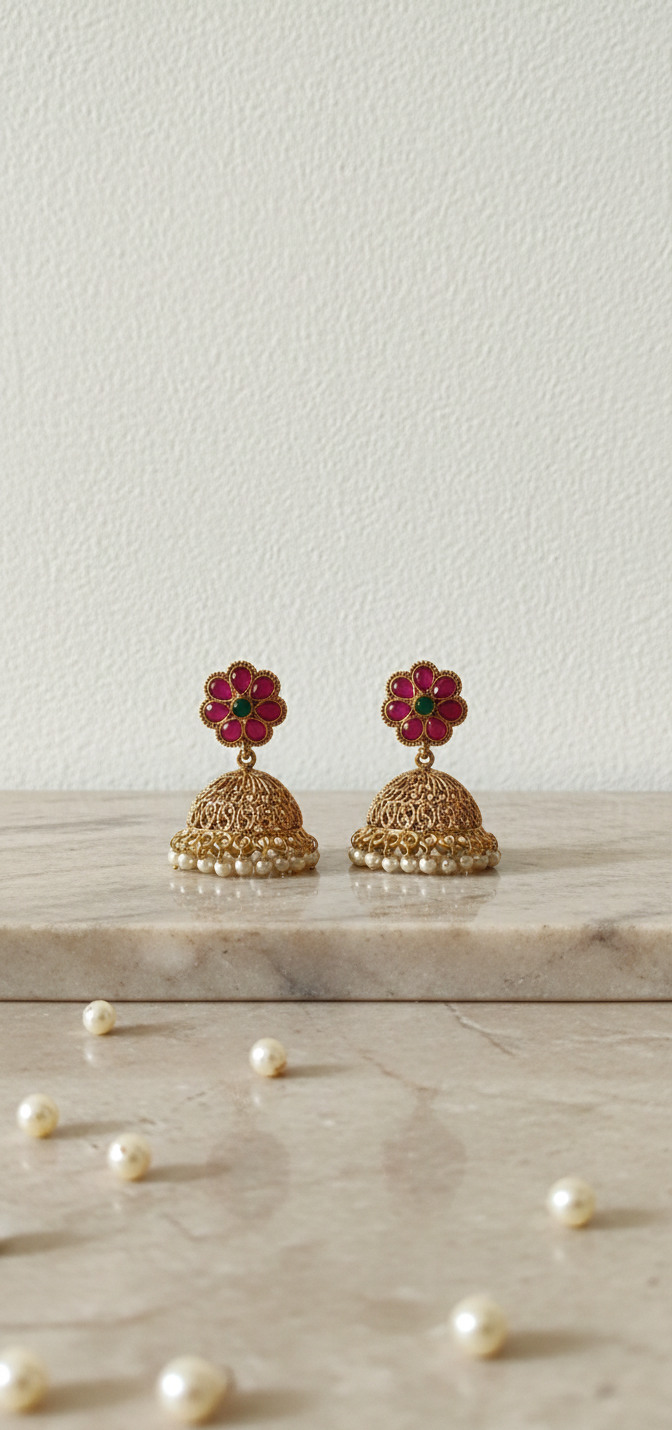 Pair of gold jhumka earrings with red gemstones on a light wooden surface.