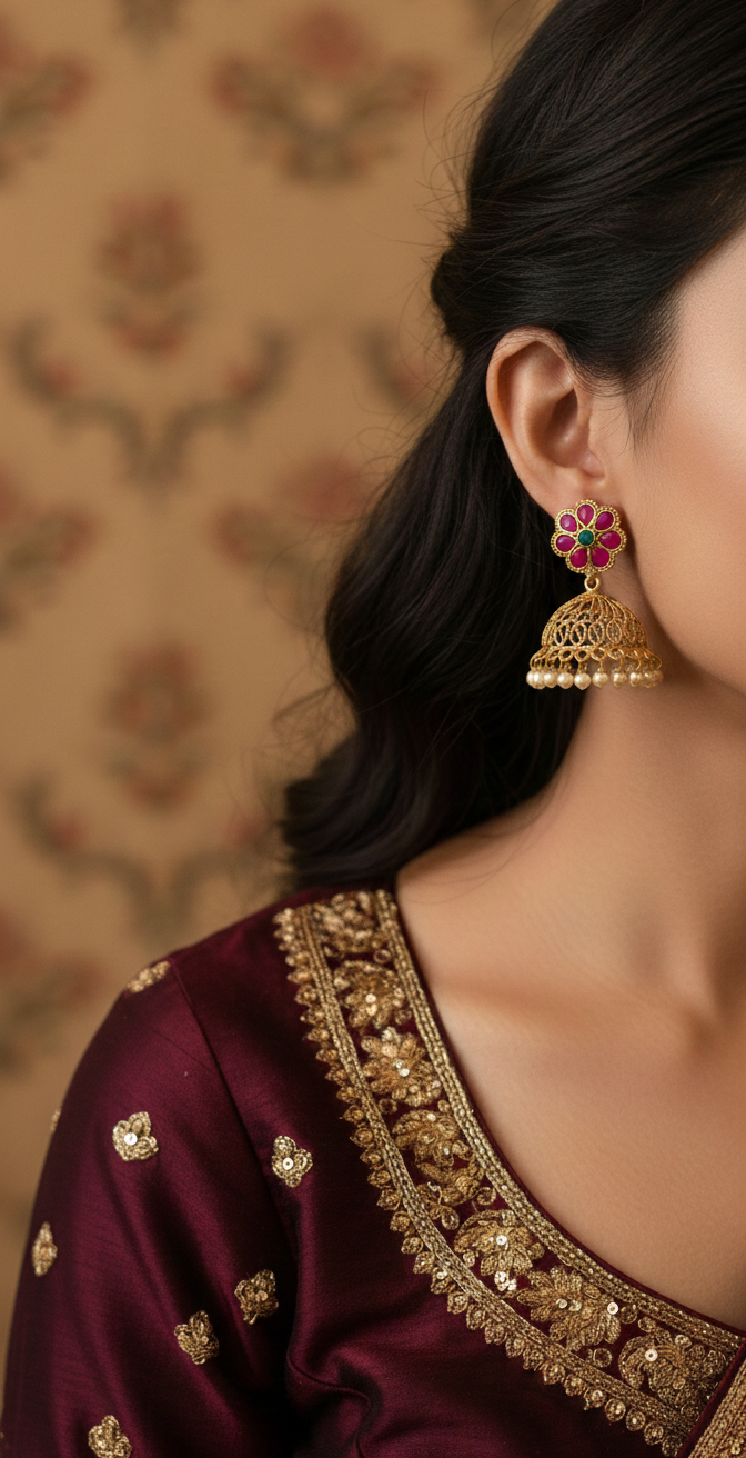 Woman wearing gold earrings with red gemstones against a patterned wall.