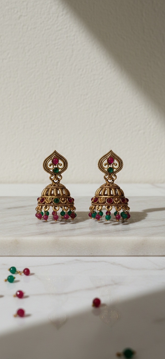 Gold earrings with red and green stones on a white surface