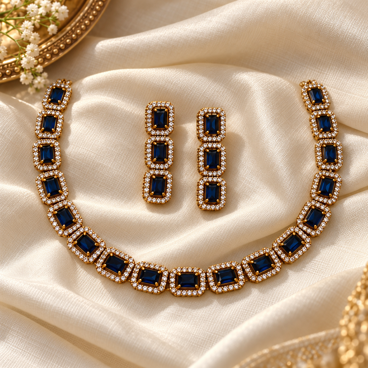 Midnight Blue Halo Necklace & Drop Earrings Set