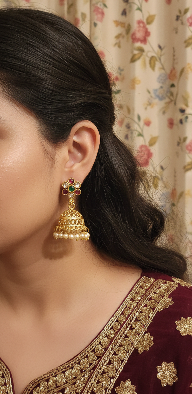 Seed Pearl Copper Jhumki | Traditional Gold Plated Jhumka Earrings for Women