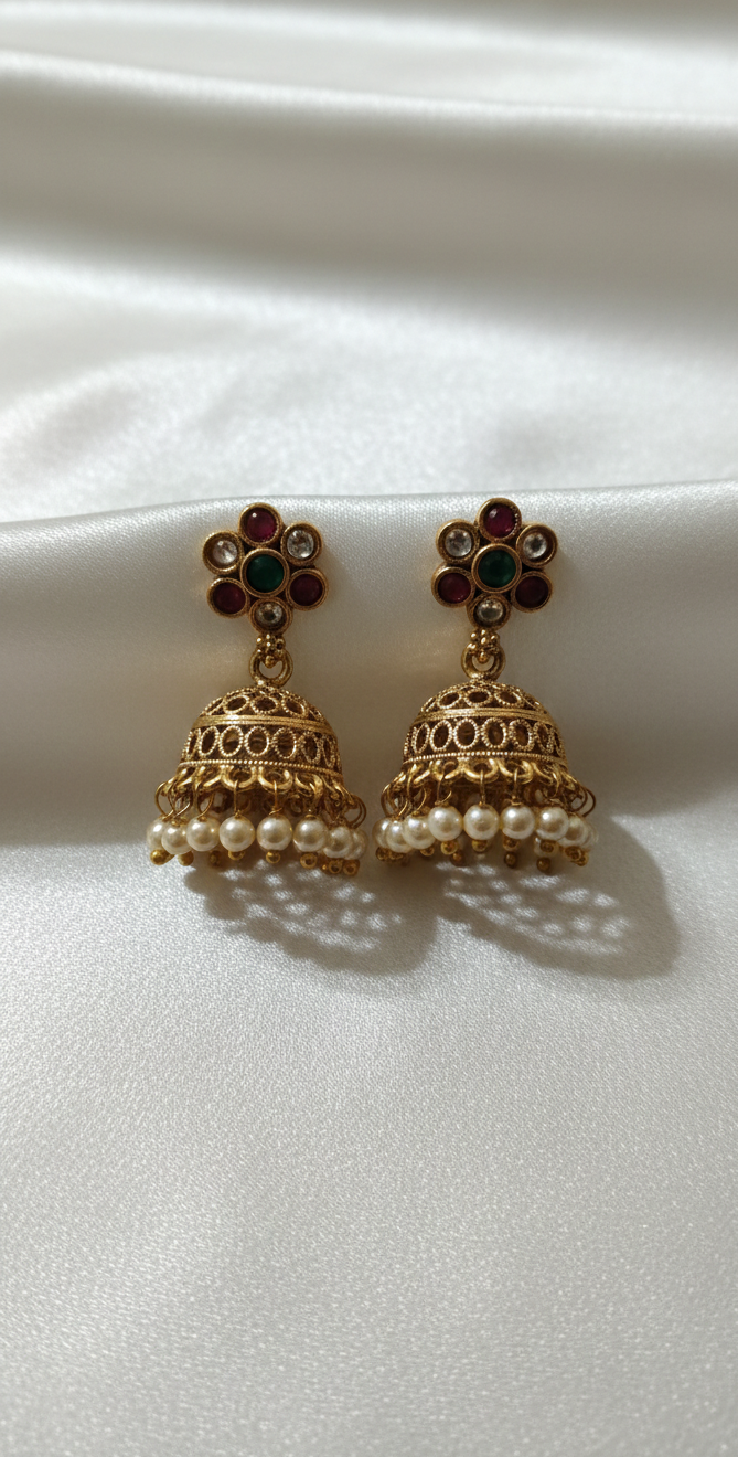 Seed Pearl Copper Jhumki | Traditional Gold Plated Jhumka Earrings for Women