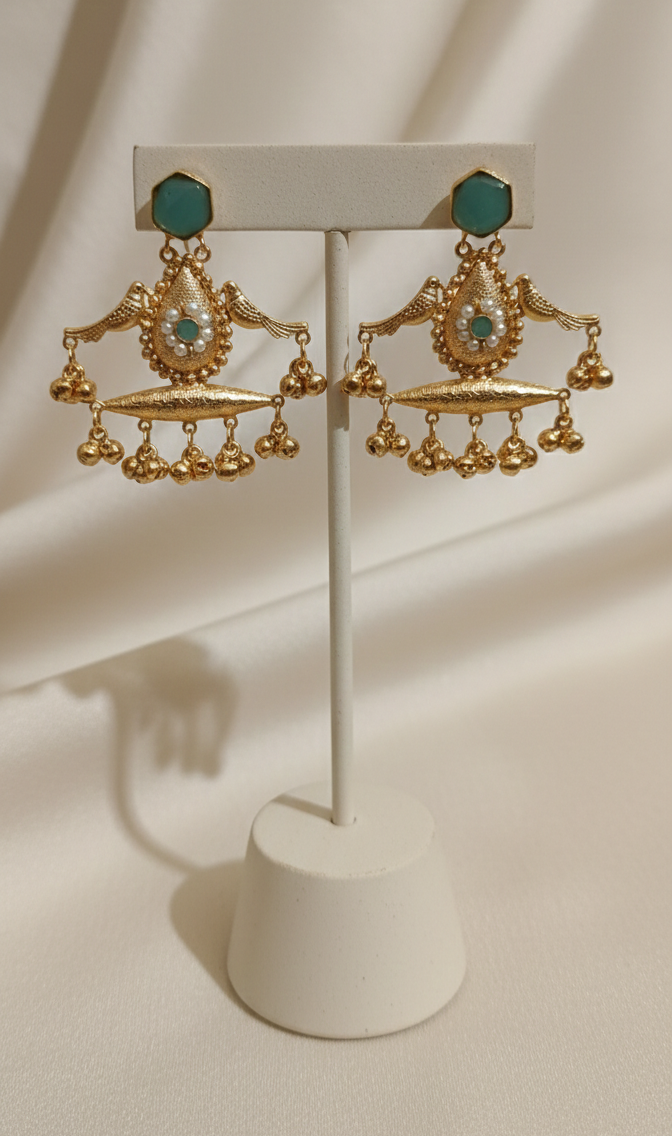 Green Stone Kashmiri Earrings | Traditional Gold Plated Chandelier Earrings for Women