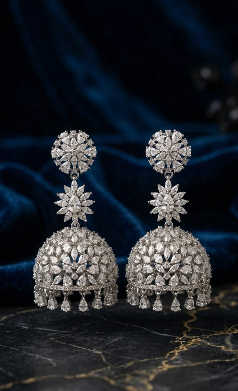 Empress Bloom AD Jhumka | Silver Plated American Diamond Jhumka Earrings for Women