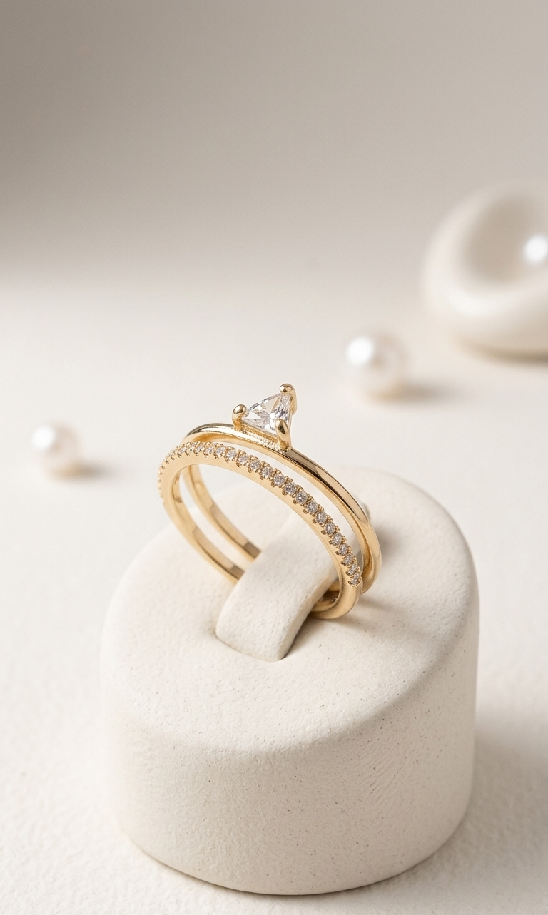 Gold Trillion Solitaire CZ Engagement Ring with Pavé Band | Gold Plated Adjustable Ring for Women