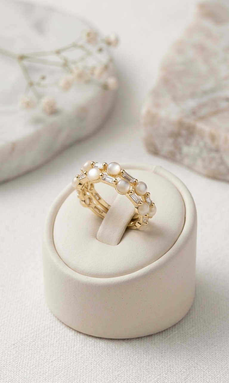 Gold ring with pearls on a white jewelry box against a light background